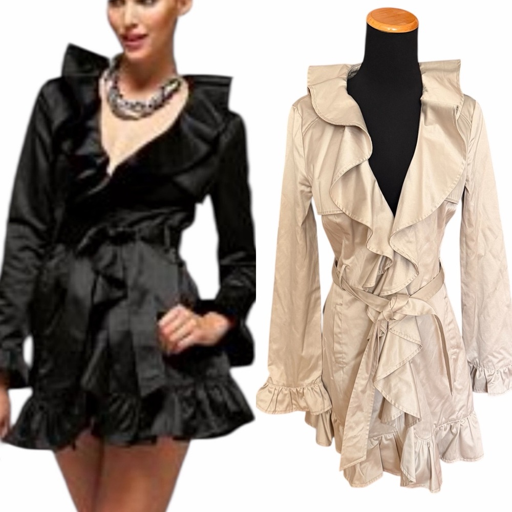 RARE Archive Bebe Y2K Ruffle Trench Coat | Cream/Tan | EUC | Small
